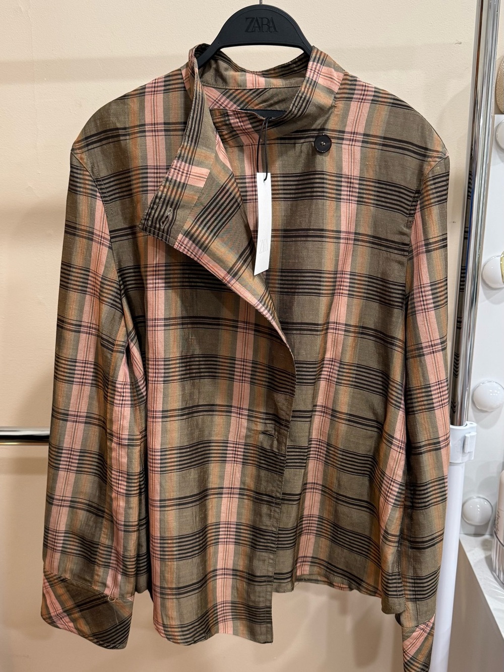 ZARA Plaid Button-Up Blouse Linen Blend Brown Pink Size M NWT